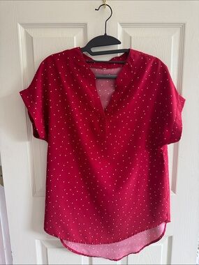 Source Unknown Women's Crimson Polka Dot V-Neck Blouse